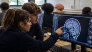 Studenti osservano una visualizzazione del cervello durante un'attività didattica digitale