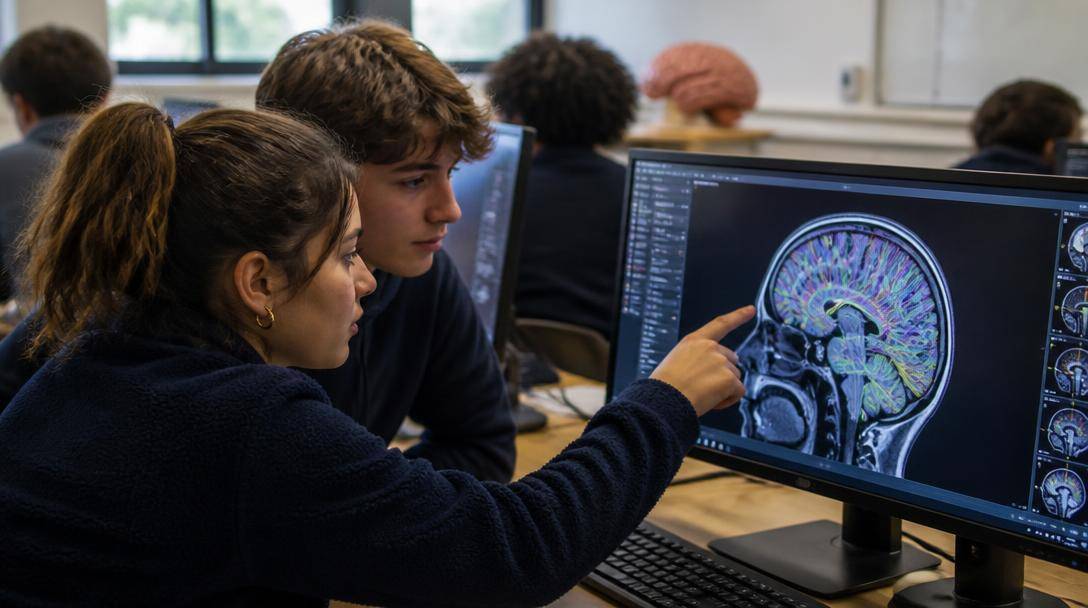Studenti osservano una visualizzazione del cervello durante un'attività didattica digitale