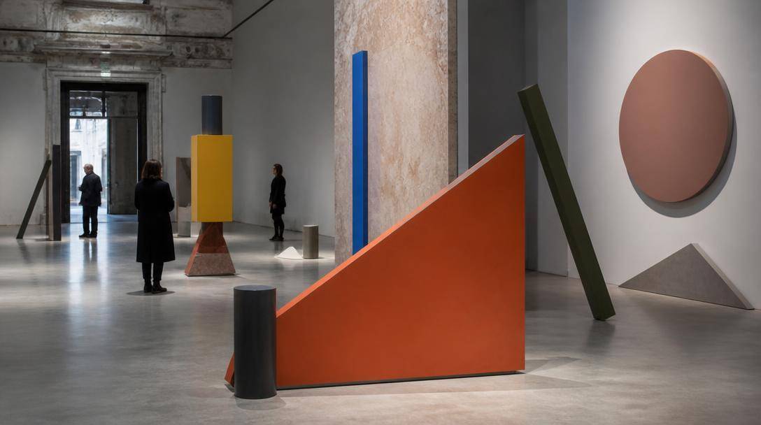 Visitatori osservano un'installazione contemporanea composta da oggetti e forme colorate in una galleria