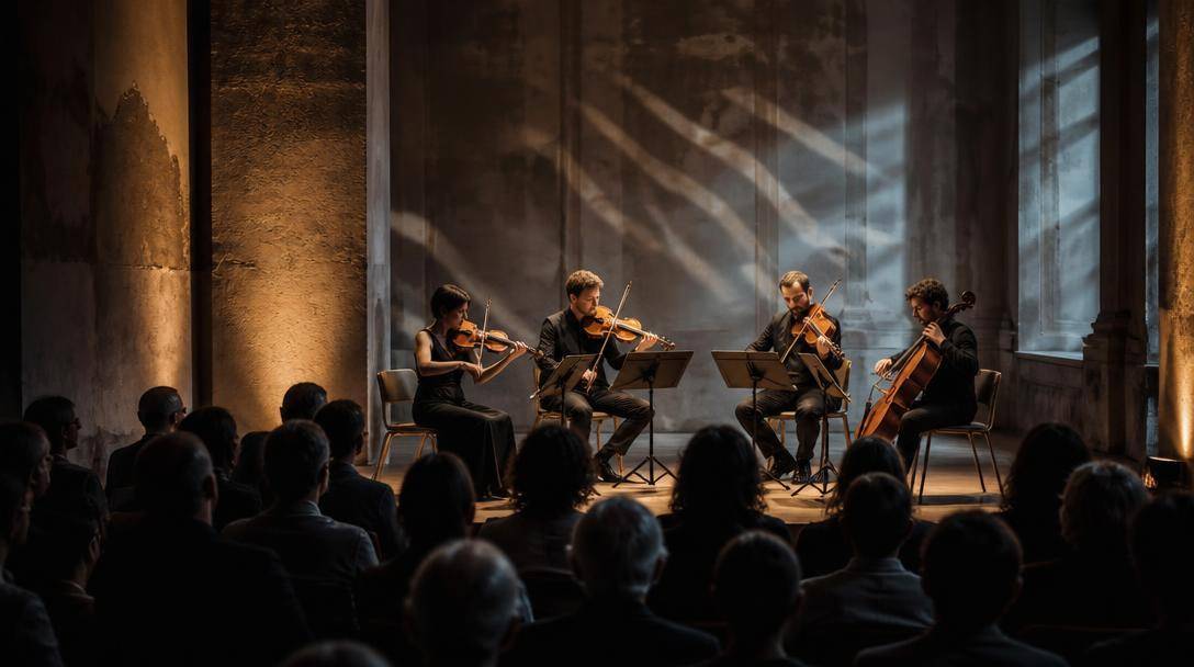 Musicisti si esibiscono in un concerto di musica contemporanea davanti al pubblico