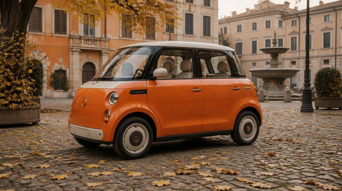 Piccola vettura elettrica dall'aspetto rétro parcheggiata in una piazza italiana.