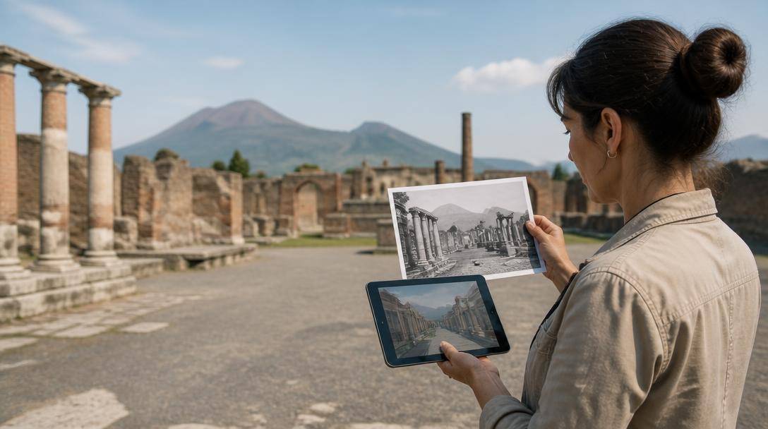Ricercatore osserva gli scavi di Pompei confrontandoli con una ricostruzione digitale su tablet