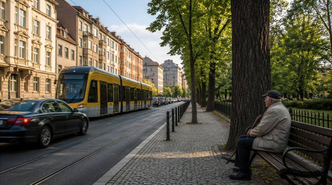 Traffico e mezzi pubblici attraversano una strada residenziale frequentata da pedoni.