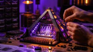 Un appassionato costruisce un palco piramidale in mattoncini colorati illuminati.