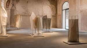 Installazioni scultoree contemporanee esposte in una galleria d'arte