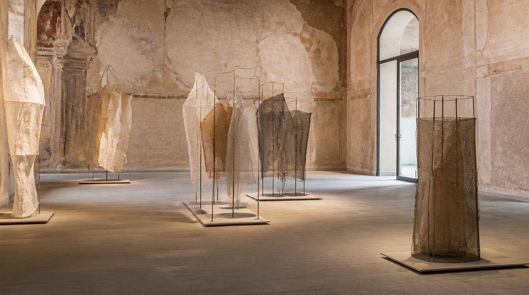 Installazioni scultoree contemporanee esposte in una galleria d'arte