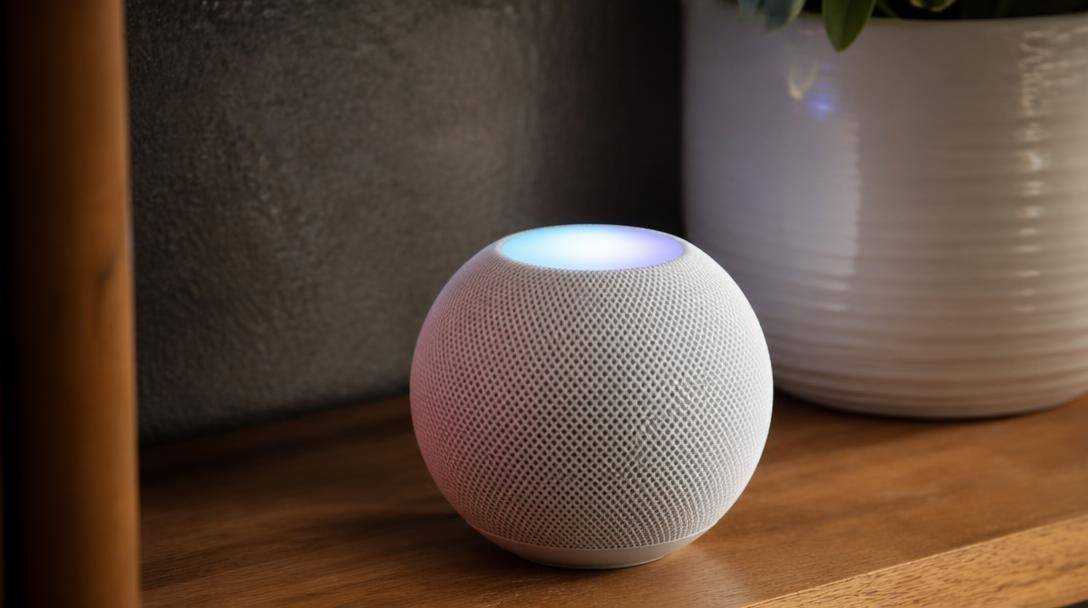 Piccolo speaker intelligente collocato su un tavolino in un soggiorno.
